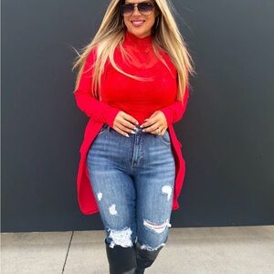 Red knit lightweight ribbed knit duster cardigan with patch pockets NWT